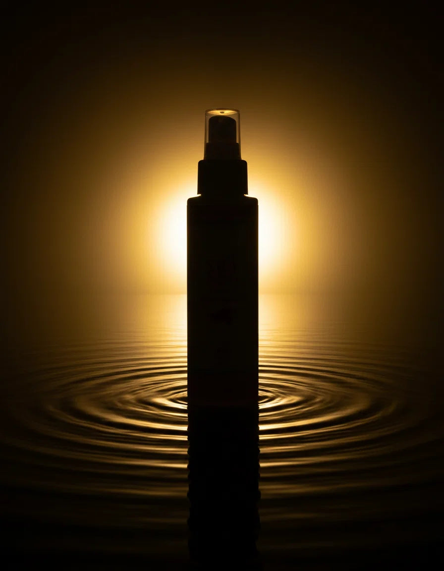 The SEA NRG bottle in silhouette, standing in rippling water against a warm glow